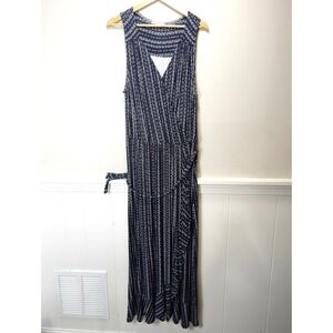 Loveappella Navy Blue White Dash Print Wrap Maxi Dress Sleeveless Ruffle Hem L
